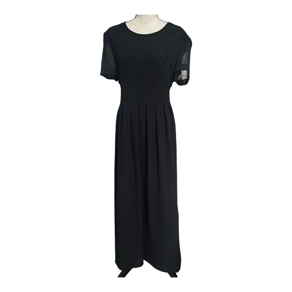 Vintage 90s Jessica Howard Black Beaded Butterflies Maxi Dress Whimsigoth Sz 14